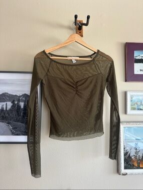 Olive Sheer Long-Sleeve Mesh Top